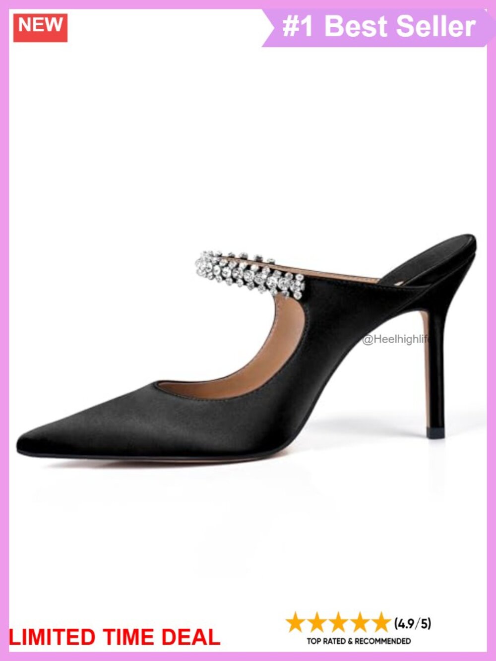 Satin Heeled Mules with Rhinestone Straps Pointed Toe Slip On 4 Inch Stiletto